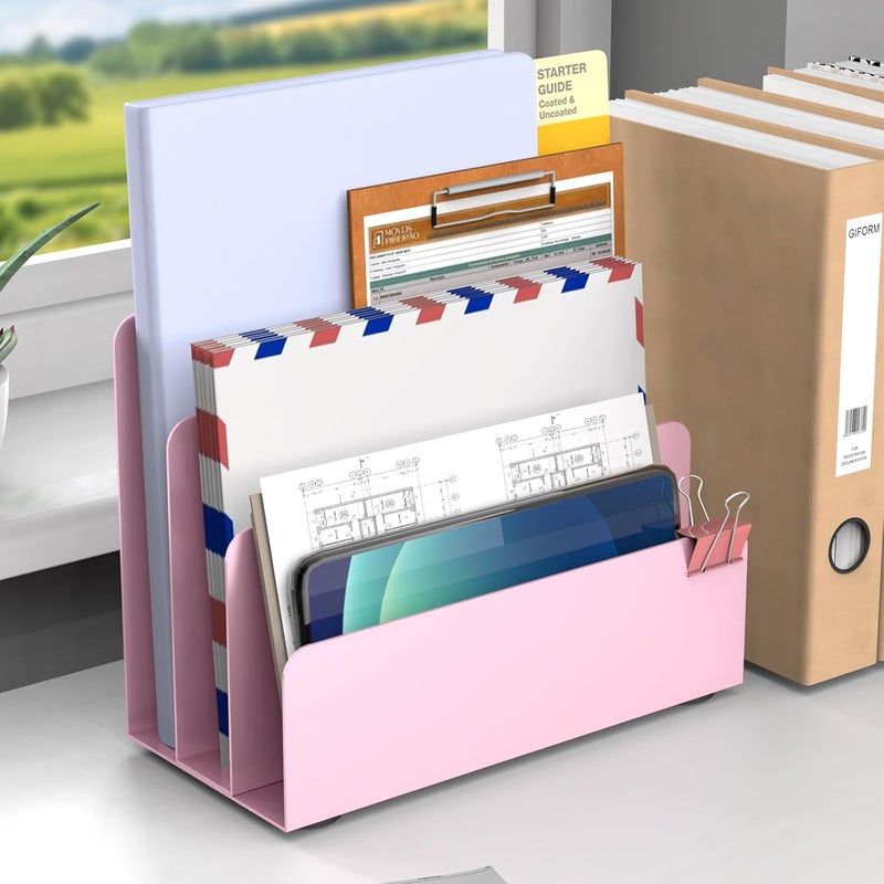 OUTIOE Mail Organizer Countertop, Small Desk File Organizer, Metal File Holder - Essential Workspace Organizers for Office Desk, Home Office (Pink) - Image 5